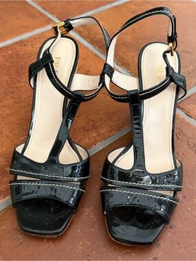 Prada Black Patent Leather T-Strap Heeled Sandals - Size 39 aka US 8.5